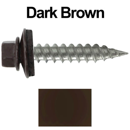 #9 x 1" Stainless Steel Metal Roofing Screws - Hex Washer Head - Self-Piercing (SP) tip metal to wood siding screws. EPDM washer. Colored head.