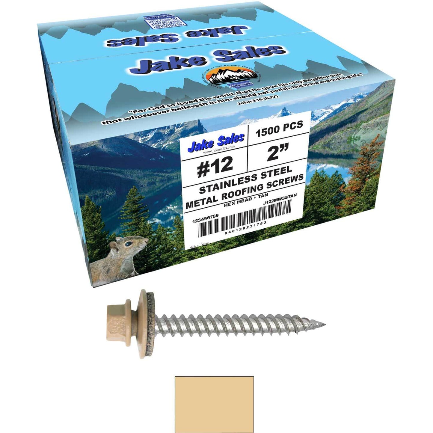 12 x 2"  Stainless Steel Metal Roofing Screw - Hex ReGrip Washer Head - Self starting/self tapping - EPDM washer. Colored head.