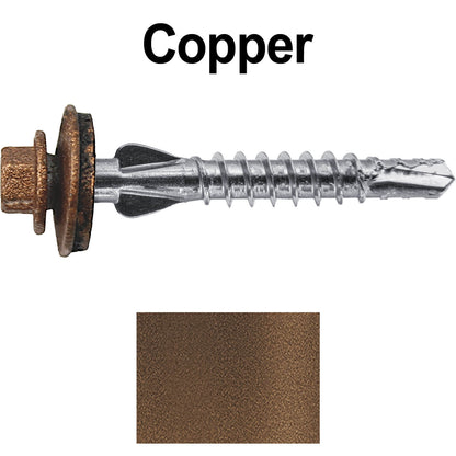 12 X 1-1/2" PFP STAINLESS STEEL Fastener - 1/4" Washer Hex Head - #3 Drill Point Tip -  For Polycarbonite, Fiberglass and PVC sheeting. Colored head.