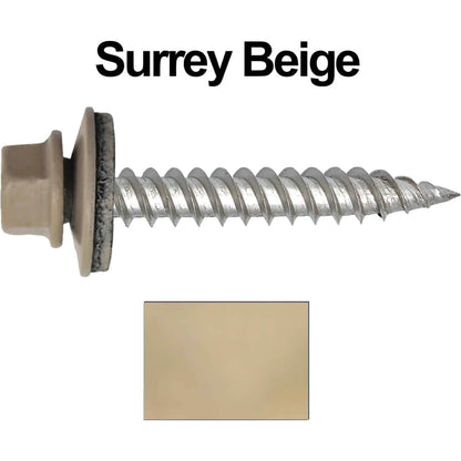 12 x 1-1/2" Stainless Steel Metal Roofing Screw - Hex Washer Head - Self starting/self tapping - EPDM washer. Colored head.