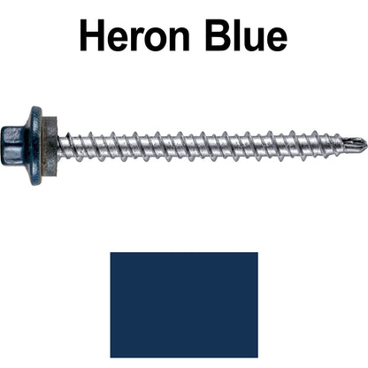 #10 x 2" Stainless Steel Mini Driller Sheet Metal Roofing Screw - Hex Washer Cap - Self starting metal to wood siding screws - EPDM washer. Colored head.