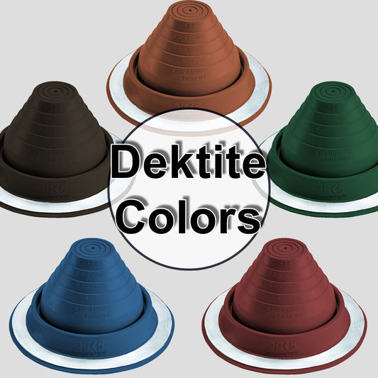Dektite Round EPDM Pipe Flashings in Multiple Colors and Three Different Sizes. Continuous Service Temperature Ranges of -58F to 239F (EPDM)