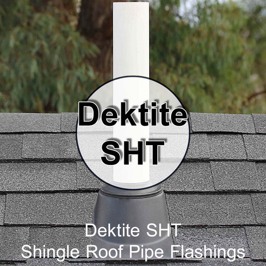 Dektite Pipe Flashing for Shingle Roof Applications. Thermoplastic Hard Base with Elastomer Collar.