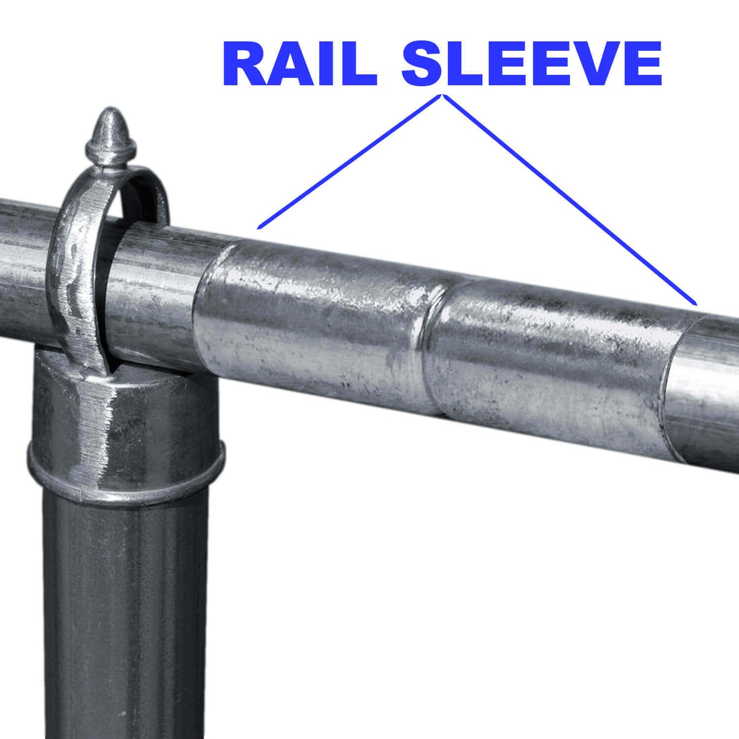 Top Rail Sleeve fits Over top rail to join together another top rail of equal diameter. Top Rail Sleeves can also be called a chain link fence Top Rail Connector or Top Rail Adapter