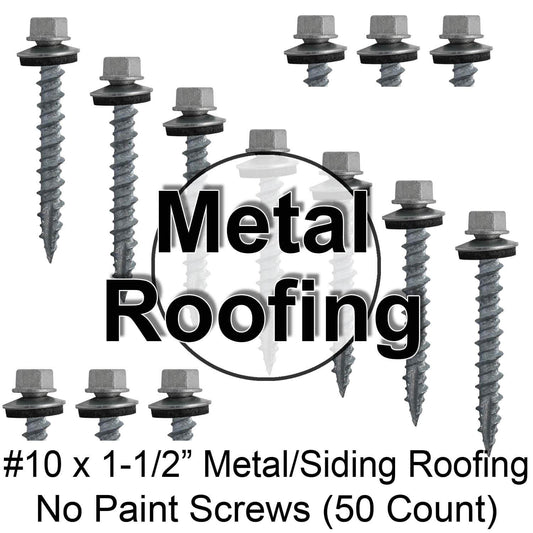10 x 1-1/2" Galvanized Hex Head Sheet Metal Roof Screw. Self starting metal to wood siding screws. EPDM washer. No Paint - 50 Count
