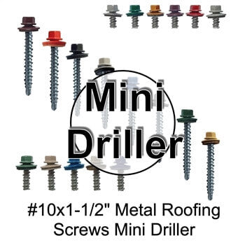 10 x 1-1/2" Metal ROOFING SCREWS: (250)  Hex Head Mini Driller Sheet Metal Roof Screw. Self starting metal to wood siding screws. EPDM washer.