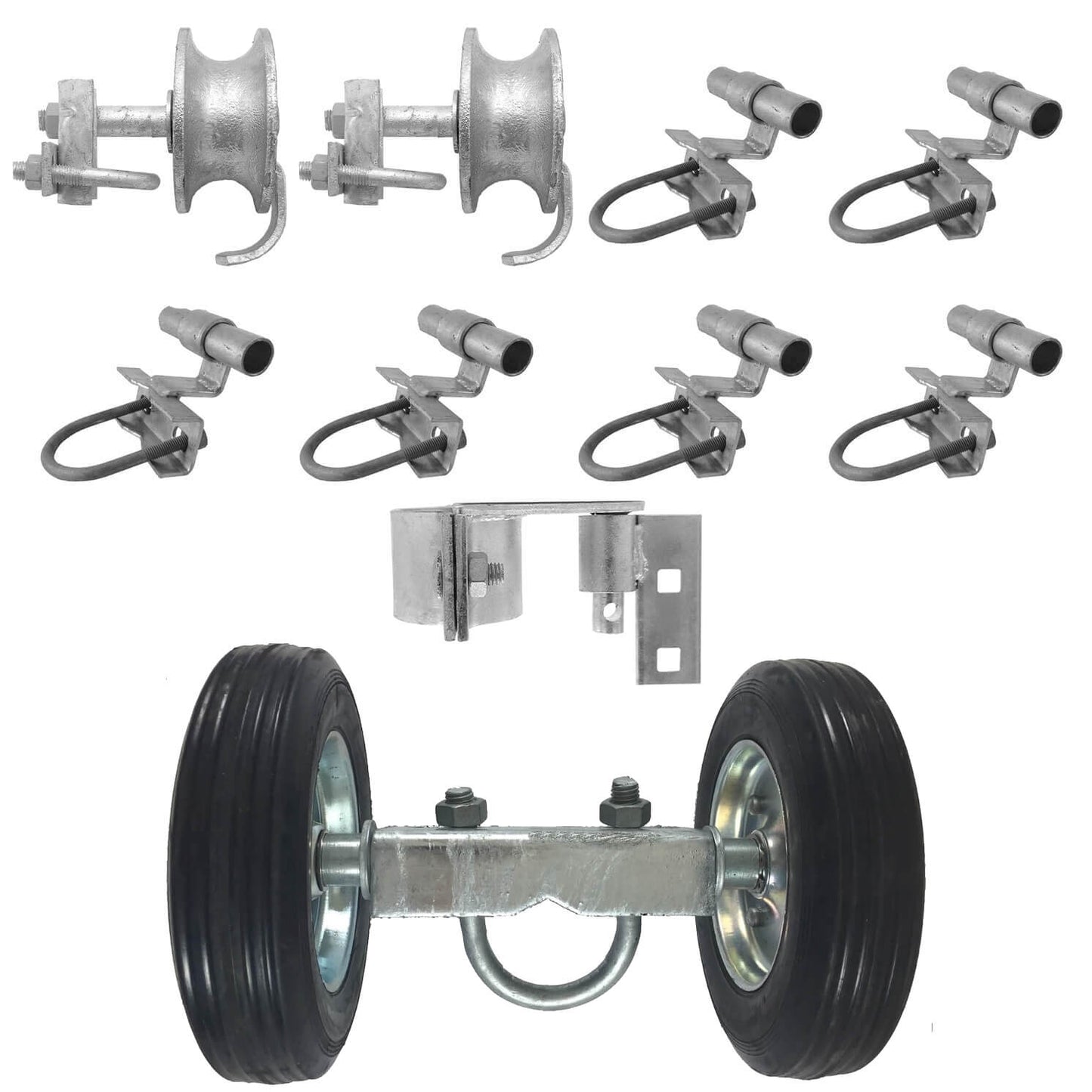 6" CHAIN LINK ROLLING GATE HARDWARE KIT: (Chain Link Fence Gate Parts) (6" Rut Runner, 2 Track Wheels, 6 Track Brackets, 1 Rolo Latch)