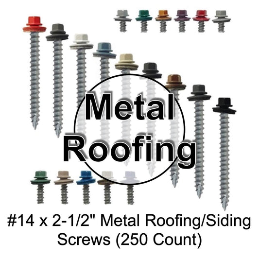#14  x 2-1/2" Metal ROOFING SCREWS: (250) Screws Hex Head Sheet Metal Roof Screw. Self starting metal to wood sheet metal screws with EPDM washer. For corrugated roofing