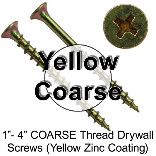 Yellow Zinc Coarse Thread Drywall, Gypsum board, Sheetrock, Plasterboard Screws. Use for all purpose wood screws